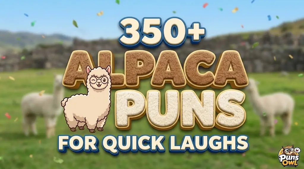 A colorful 3D thumbnail with large '350+ Alpaca Puns' text and a cute cartoon alpaca mascot winking in a field.