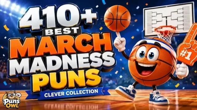 3D cartoon poster promoting "410+ Best March Madness Puns - Clever Collection" featuring a basketball mascot spinning a ball, a tournament bracket, and a Puns Owl watermark in the bottom-left corner.