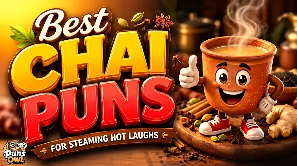 3D cartoon poster promoting "Best Chai Puns - For Steaming Hot Laughs" featuring an animated clay chai cup mascot giving a thumbs up on a rustic wooden table with spices, with a small Puns Owl watermark in the bottom-left corner.