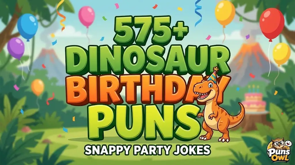 Thumbnail for 575+ Dinosaur Birthday Puns, featuring a party-hat-wearing T-Rex and dimensional typography.