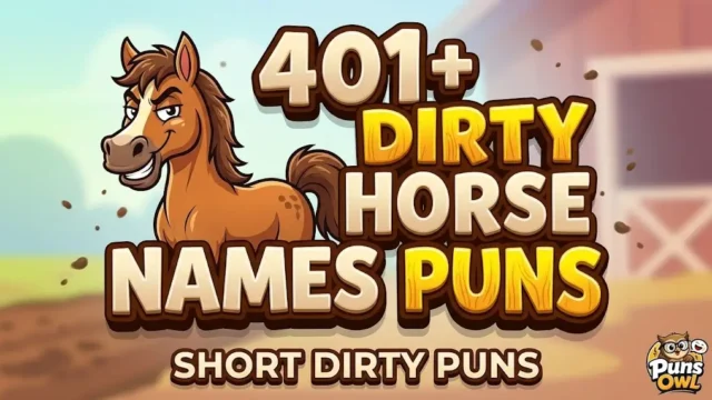 A 3D cartoon thumbnail with text '401+ DIRTY HORSE NAMES PUNS', a winking horse, and tagline 'SHORT DIRTY PUNS'.