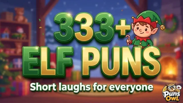 Featured thumbnail with large dimensional 3D text '333+ Elf Puns' and a joyful Christmas elf mascot holding a candy cane.
