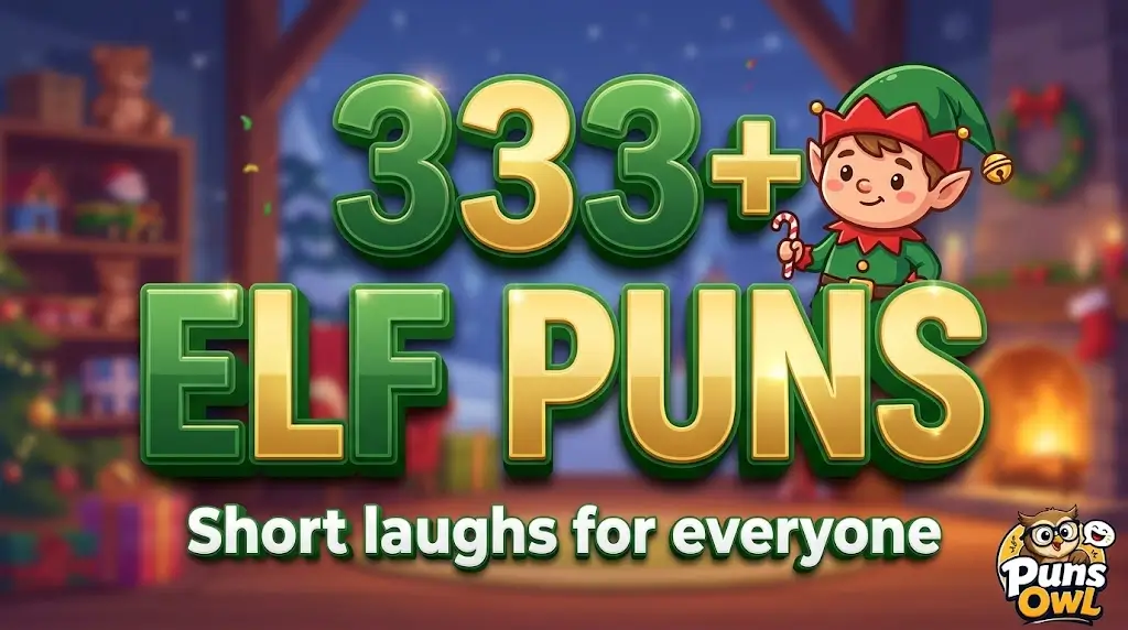 Featured thumbnail with large dimensional 3D text '333+ Elf Puns' and a joyful Christmas elf mascot holding a candy cane.