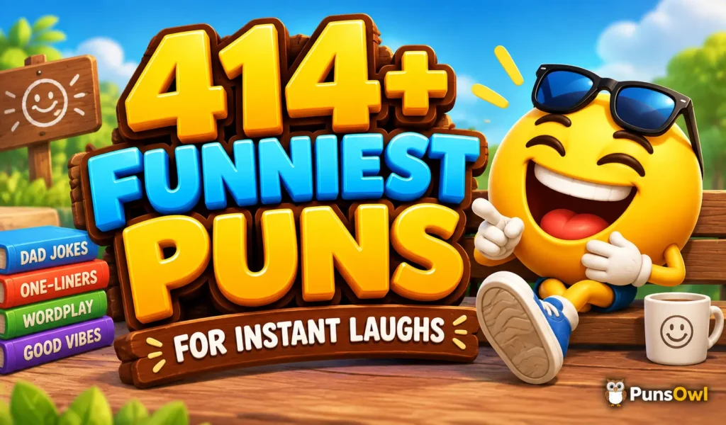 414+ funniest puns with a laughing emoji mascot and colorful joke-themed setting