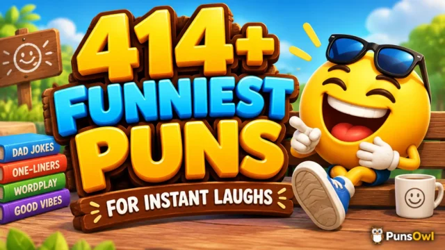 414+ funniest puns with a laughing emoji mascot and colorful joke-themed setting