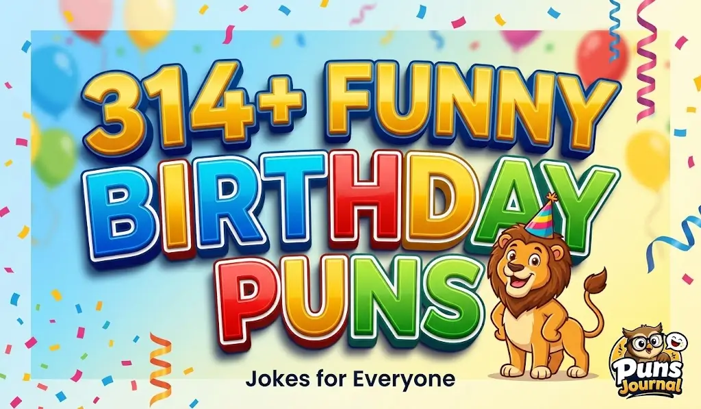 Large multi-colored 3D text "314+ FUNNY BIRTHDAY PUNS" with illustrated cheerful lion mascot wearing party hat on colorful confetti background.