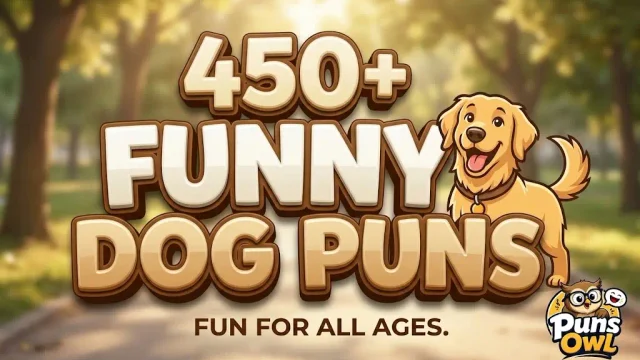 3D cartoon thumbnail with text '450+ Funny Dog Puns' and a happy golden retriever in a park.