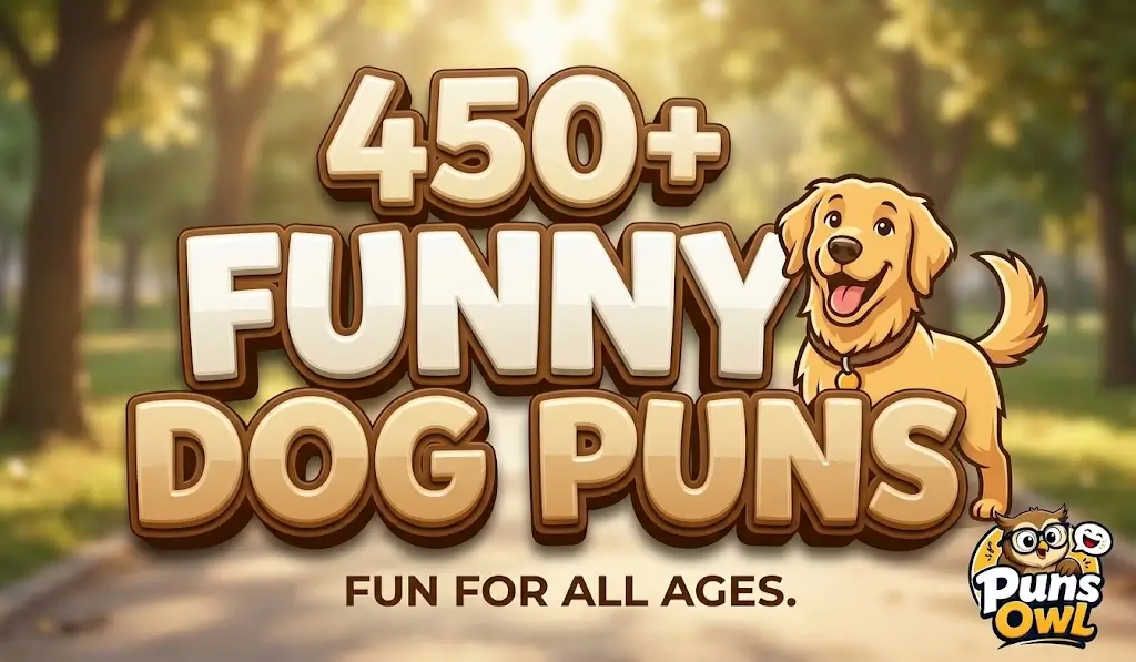 3D cartoon thumbnail with text '450+ Funny Dog Puns' and a happy golden retriever in a park.