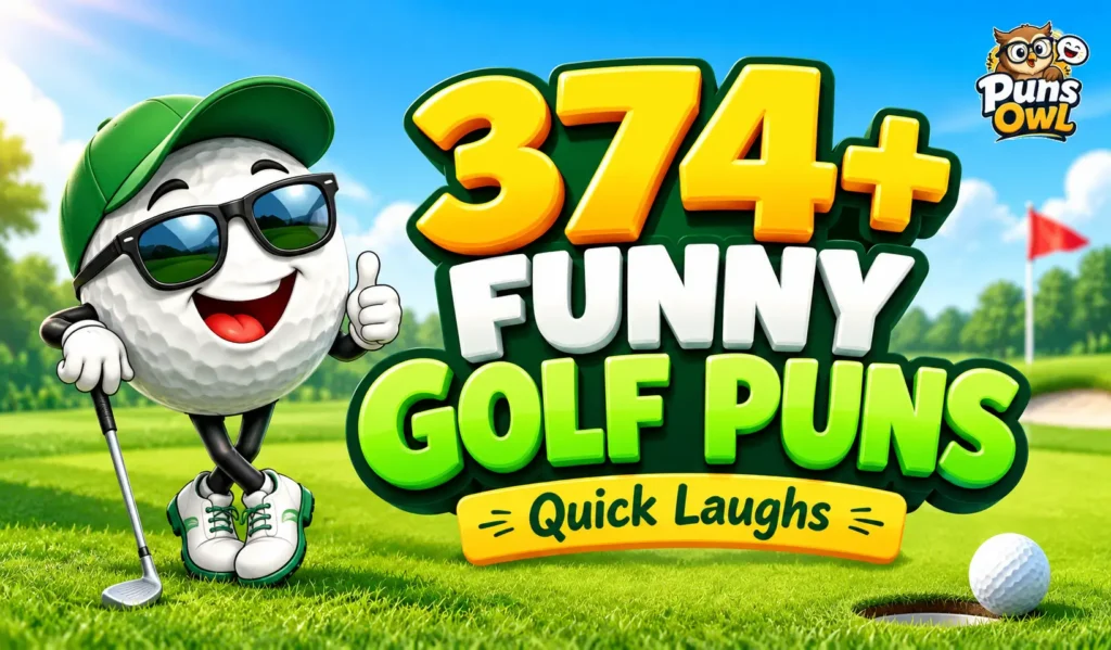 Funny golf puns thumbnail with a cheerful golf ball mascot and colorful 3D golf lettering.
