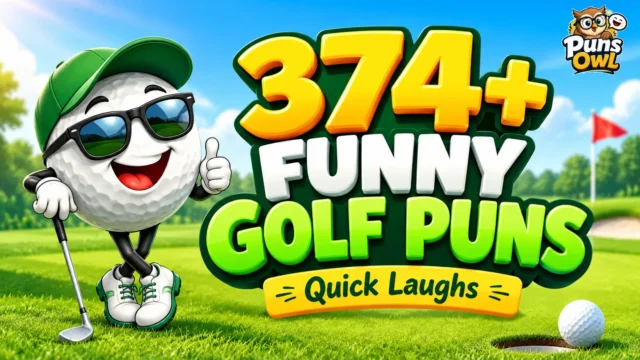 Funny golf puns thumbnail with a cheerful golf ball mascot and colorful 3D golf lettering.