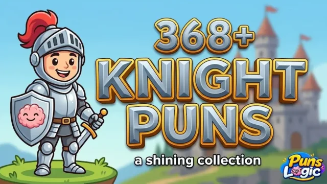 Large 3D knight puns text with a smiling cartoon knight illustration and the Puns Logic watermark.