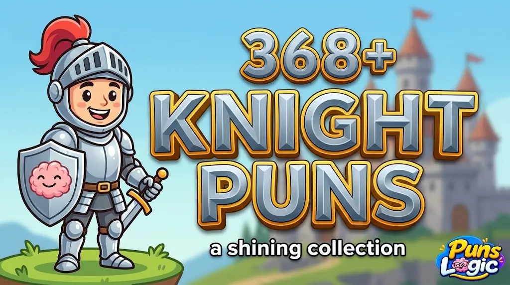 Large 3D knight puns text with a smiling cartoon knight illustration and the Puns Logic watermark.