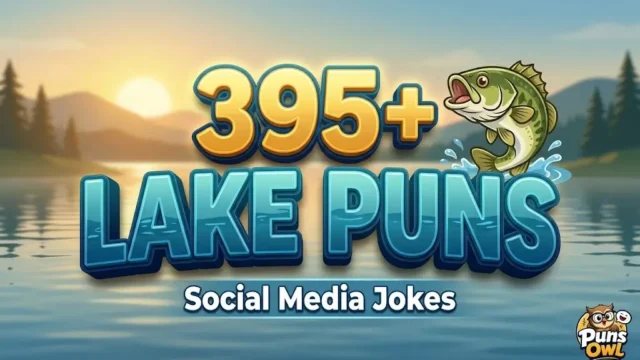 3D cartoon thumbnail with text "395+ Lake Puns", a jumping fish mascot, and Puns Owl branding on a serene lake background.