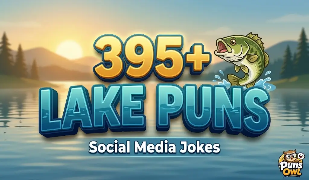 3D cartoon thumbnail with text "395+ Lake Puns", a jumping fish mascot, and Puns Owl branding on a serene lake background.