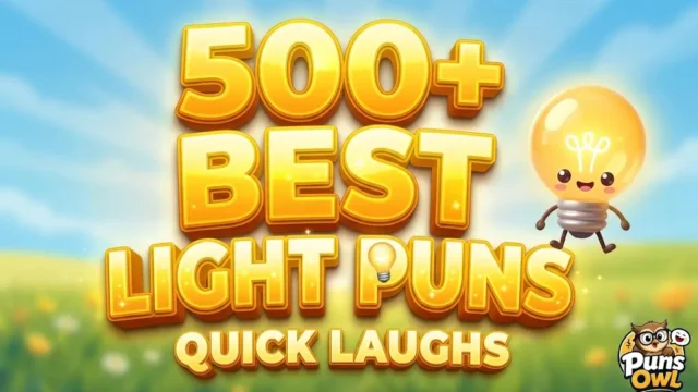 A cheerful 3D thumbnail with text 500+ Best Light Puns, a smiling light bulb character, and tagline Quick Laughs.