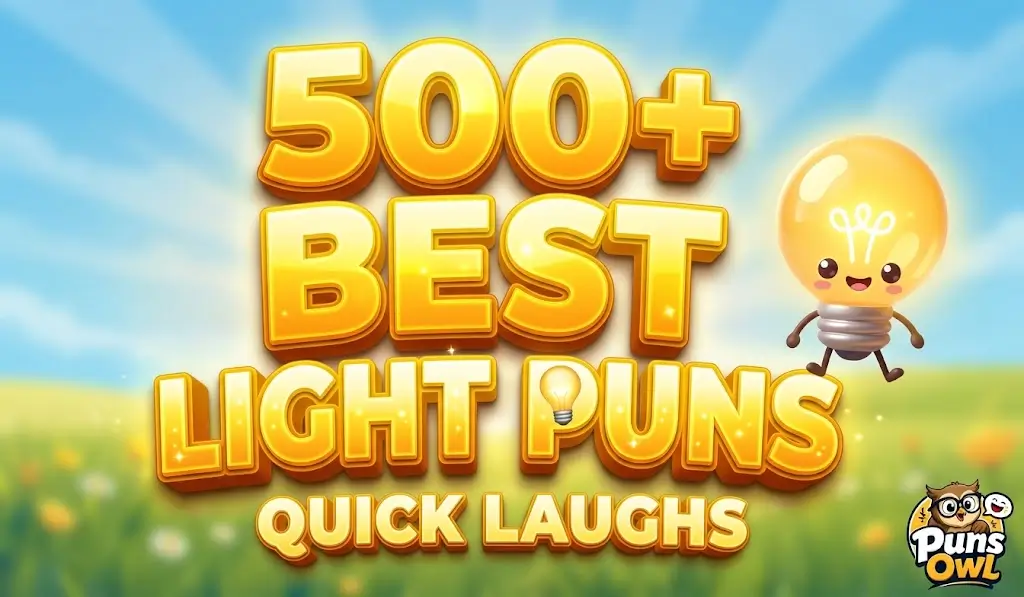 A cheerful 3D thumbnail with text 500+ Best Light Puns, a smiling light bulb character, and tagline Quick Laughs.