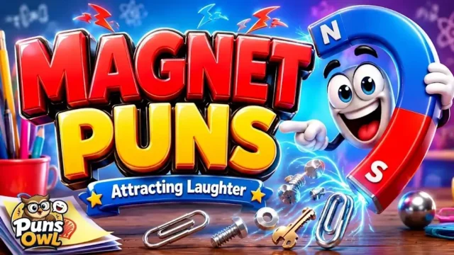 3D cartoon poster promoting "Magnet Puns - Attracting Laughter" featuring a smiling horseshoe magnet character attracting metal objects, with a Puns Owl watermark in the bottom-left corner.