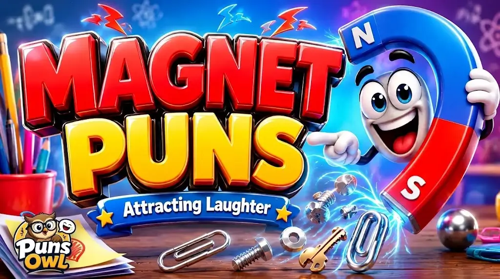 3D cartoon poster promoting "Magnet Puns - Attracting Laughter" featuring a smiling horseshoe magnet character attracting metal objects, with a Puns Owl watermark in the bottom-left corner.