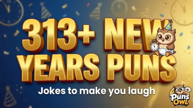 Stylized 3D gold thumbnail for New Years Puns featuring a baby new year owl mascot and confetti.
