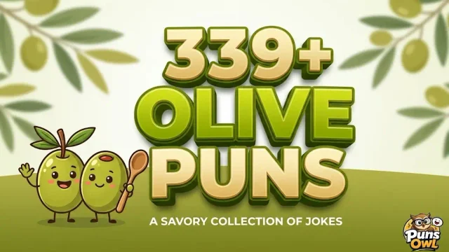 A vibrant featured image for '339+ Best Olive Puns', featuring large 3D typography and a cheerful olive mascot.