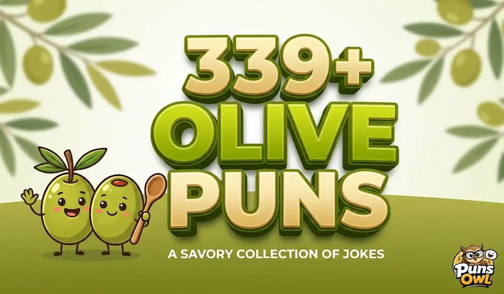 A vibrant featured image for '339+ Best Olive Puns', featuring large 3D typography and a cheerful olive mascot.