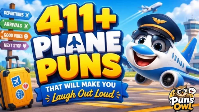 411+ plane puns thumbnail with a cheerful cartoon airplane at an airport