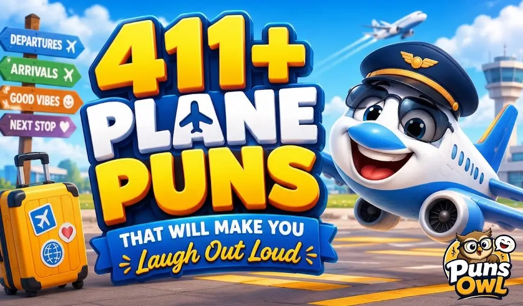411+ plane puns thumbnail with a cheerful cartoon airplane at an airport