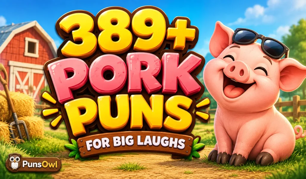 Pork puns thumbnail with a cheerful pig on a colorful farm