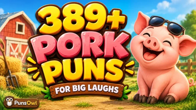 Pork puns thumbnail with a cheerful pig on a colorful farm