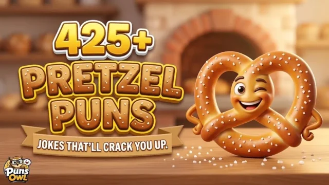 A cartoon pretzel character smiling broadly winking next to massive textured 3D typography reading "425+ PRETZEL PUNS".