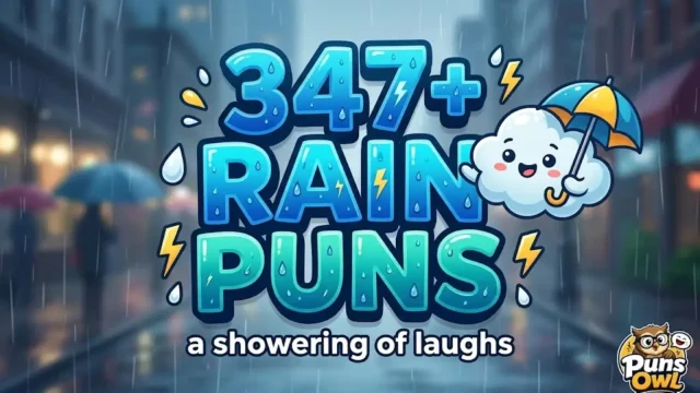 A 3D cartoon thumbnail with text "347+ Rain Puns", a cloud mascot with an umbrella, and tagline "a showering of laughs" on a rainy background.