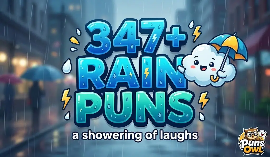 A 3D cartoon thumbnail with text "347+ Rain Puns", a cloud mascot with an umbrella, and tagline "a showering of laughs" on a rainy background.
