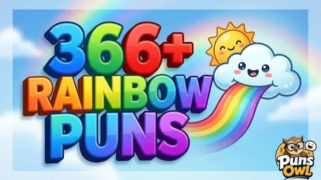 Featured thumbnail with large 3D text '366+ Rainbow Puns', cloud mascot, and Puns Owl logo on sky background.