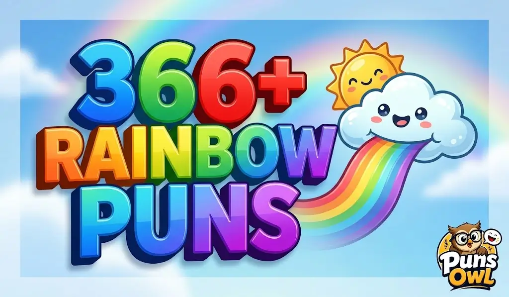 Featured thumbnail with large 3D text '366+ Rainbow Puns', cloud mascot, and Puns Owl logo on sky background.