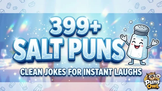 A sparkling featured thumbnail with dimensional crystalline typography '399+ SALT PUNS' and a happy salt shaker mascot juggling.