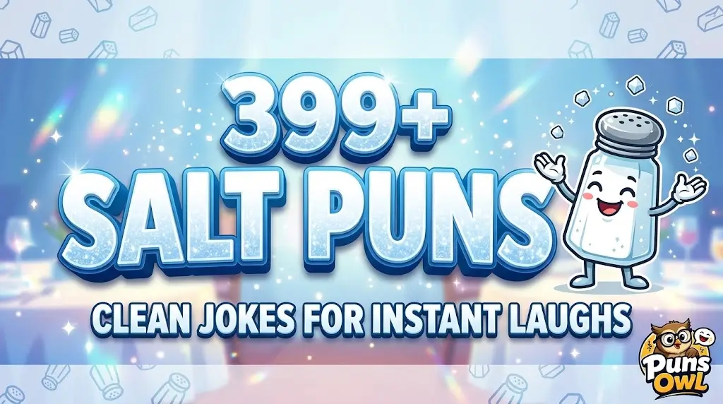 A sparkling featured thumbnail with dimensional crystalline typography '399+ SALT PUNS' and a happy salt shaker mascot juggling.