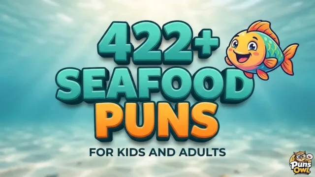 Large 3D 'Seafood Puns' text with a cheerful cartoon fish character thumbnail.