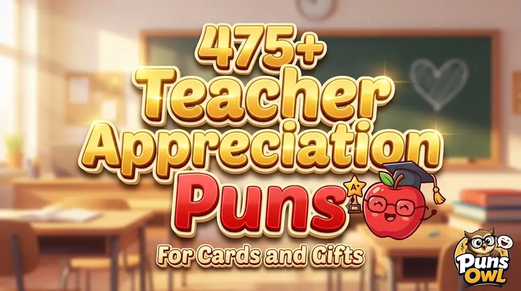 A vibrant 3D thumbnail for Teacher Appreciation Puns with a red apple mascot and gold star trophy.