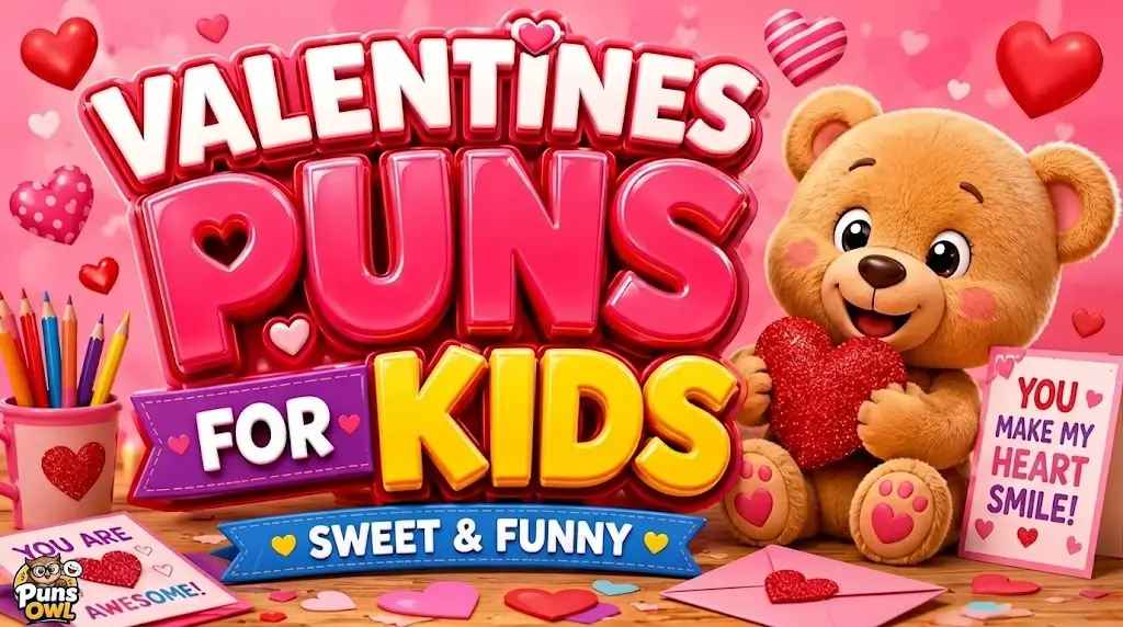 3D cartoon poster promoting "Valentines Puns for Kids - Sweet & Funny" featuring a cute teddy bear holding a red heart, Valentine's cards, and a Puns Owl watermark in the bottom-left corner.