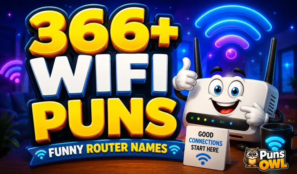 366+ wifi puns thumbnail with a funny cartoon router and colorful 3D WiFi lettering