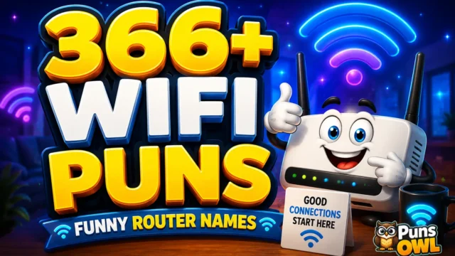 366+ wifi puns thumbnail with a funny cartoon router and colorful 3D WiFi lettering