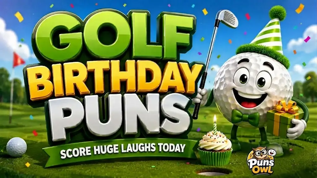 A celebratory 3D cartoon golf-themed scene featuring a large "GOLF BIRTHDAY PUNS" title, a smiling golf ball character with a party hat holding a club and gift, a birthday cupcake, and a distant flag on a green golf course.