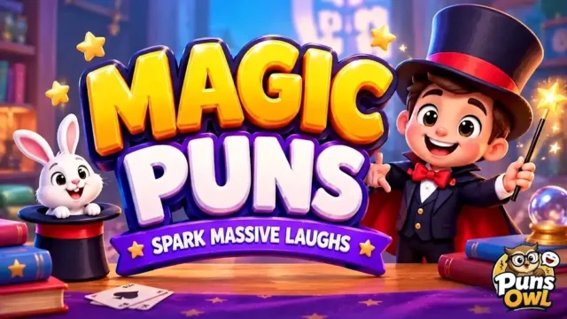 A vibrant 3D cartoon illustration for 'MAGIC PUNS' featuring a banner that reads 'SPARK MASSIVE LAUGHS'. On the left, a white rabbit pops out of a top hat. On the right, a young boy magician in a tuxedo and top hat holds a glowing magic wand. The background is a magical library setting with bookshelves, floating stars, and a crystal ball on a wooden table. The Puns Owl logo is in the bottom right corner.