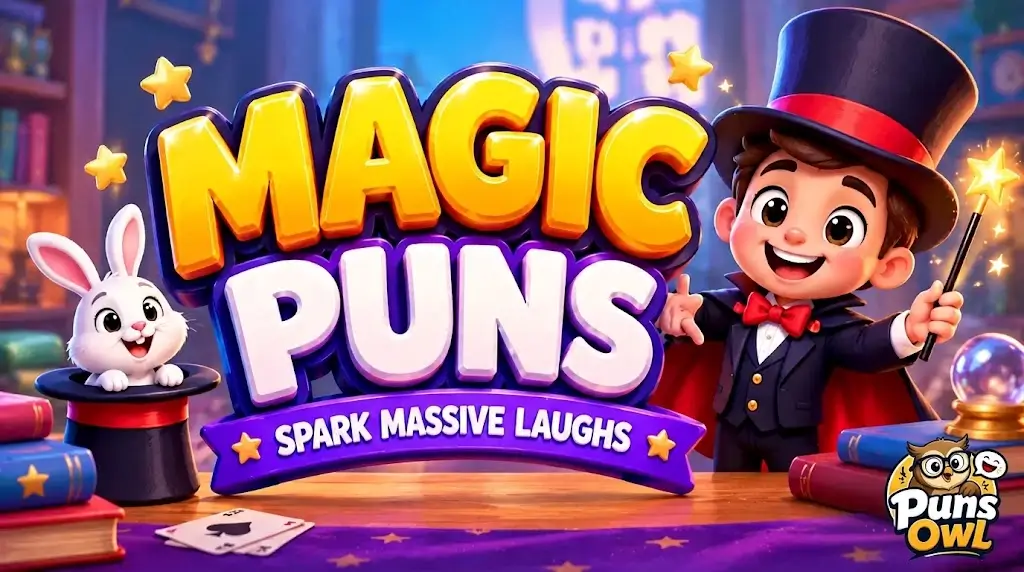 A vibrant 3D cartoon illustration for 'MAGIC PUNS' featuring a banner that reads 'SPARK MASSIVE LAUGHS'. On the left, a white rabbit pops out of a top hat. On the right, a young boy magician in a tuxedo and top hat holds a glowing magic wand. The background is a magical library setting with bookshelves, floating stars, and a crystal ball on a wooden table. The Puns Owl logo is in the bottom right corner.